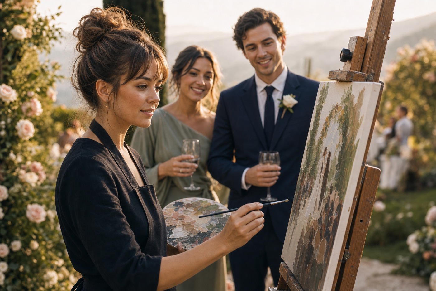 Live wedding painting setup with watercolor materials