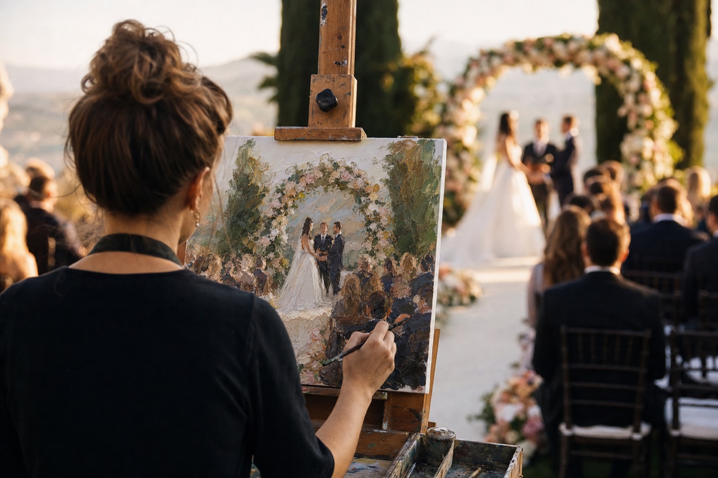 Wedding artwork in progress beside artist supplies